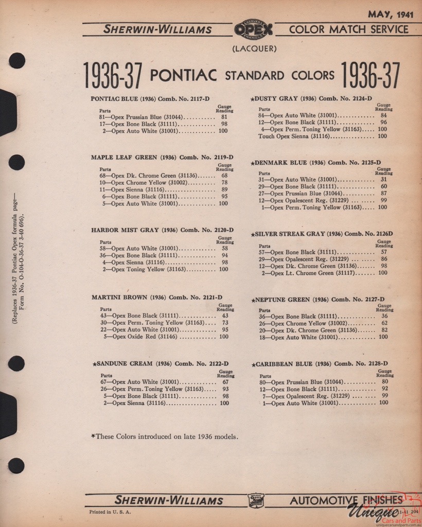1936 Pontiac Paint Charts Williams 3
